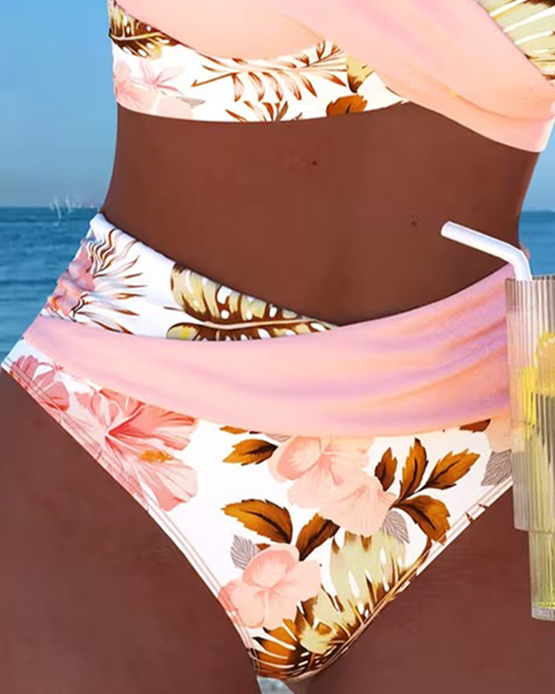 Bikini avec Imprimé Floral Contrasté et Fente