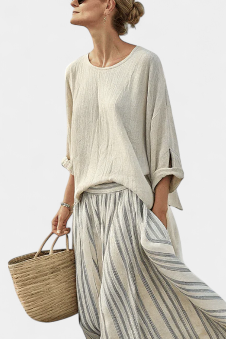 Aurcyn | Blouse Ample et Confortable & Jupe Midi Rayée