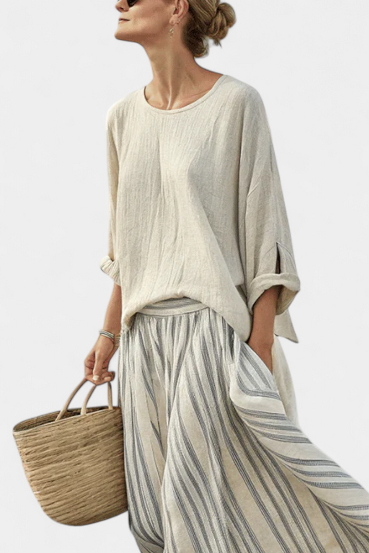 Aurcyn | Blouse Ample et Confortable & Jupe Midi Rayée