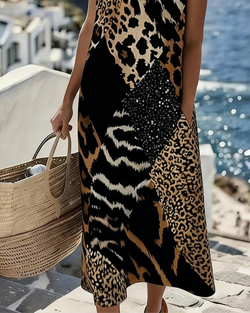 Robe Longue Sans Manches à Imprimé Léopard en Patchwork
