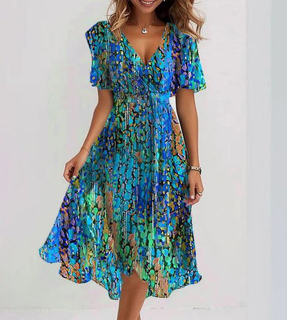 Robe midi spéciale bleue à manches courtes