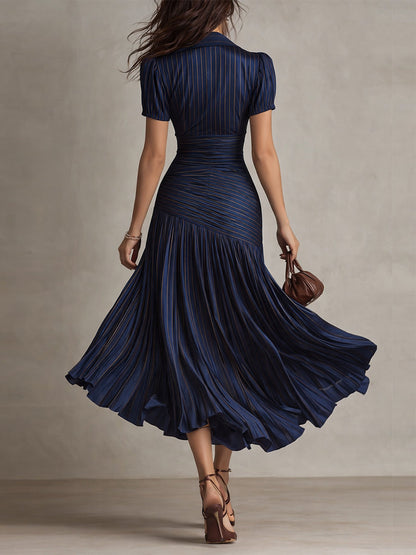 Adriana - Robe Midi en Satin à Rayures Rétro
