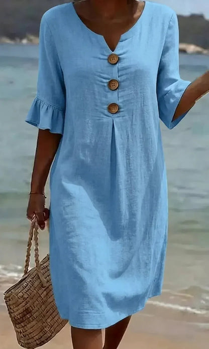 Vanesa | Robe en lin avec texture, manches bouffantes et boutons