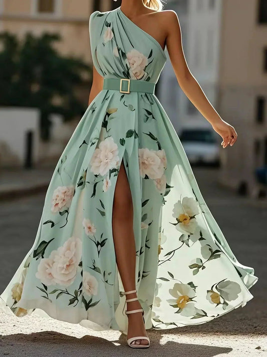 Julie | Robe Maxi en Chiffon Floral Vert Clair à Épaule Dénudée