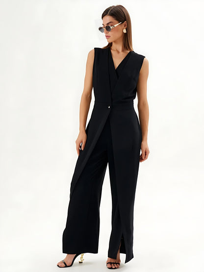 Mono noir sans manches avec effet enveloppant et jambe large