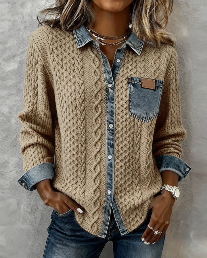 Chemise à Manches Longues avec Patchwork en Denim