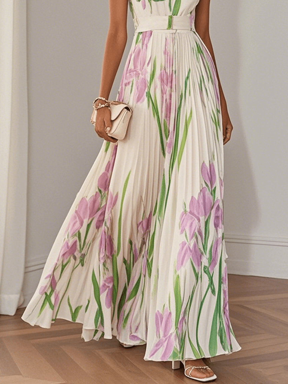 Marie | Robe Maxi en Chiffon à Fleurs Plissée Blanche