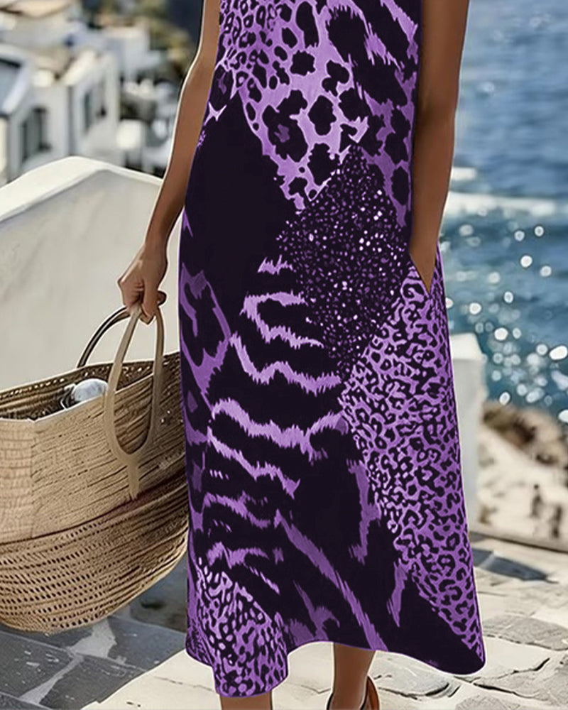 Robe Longue Sans Manches à Imprimé Léopard en Patchwork