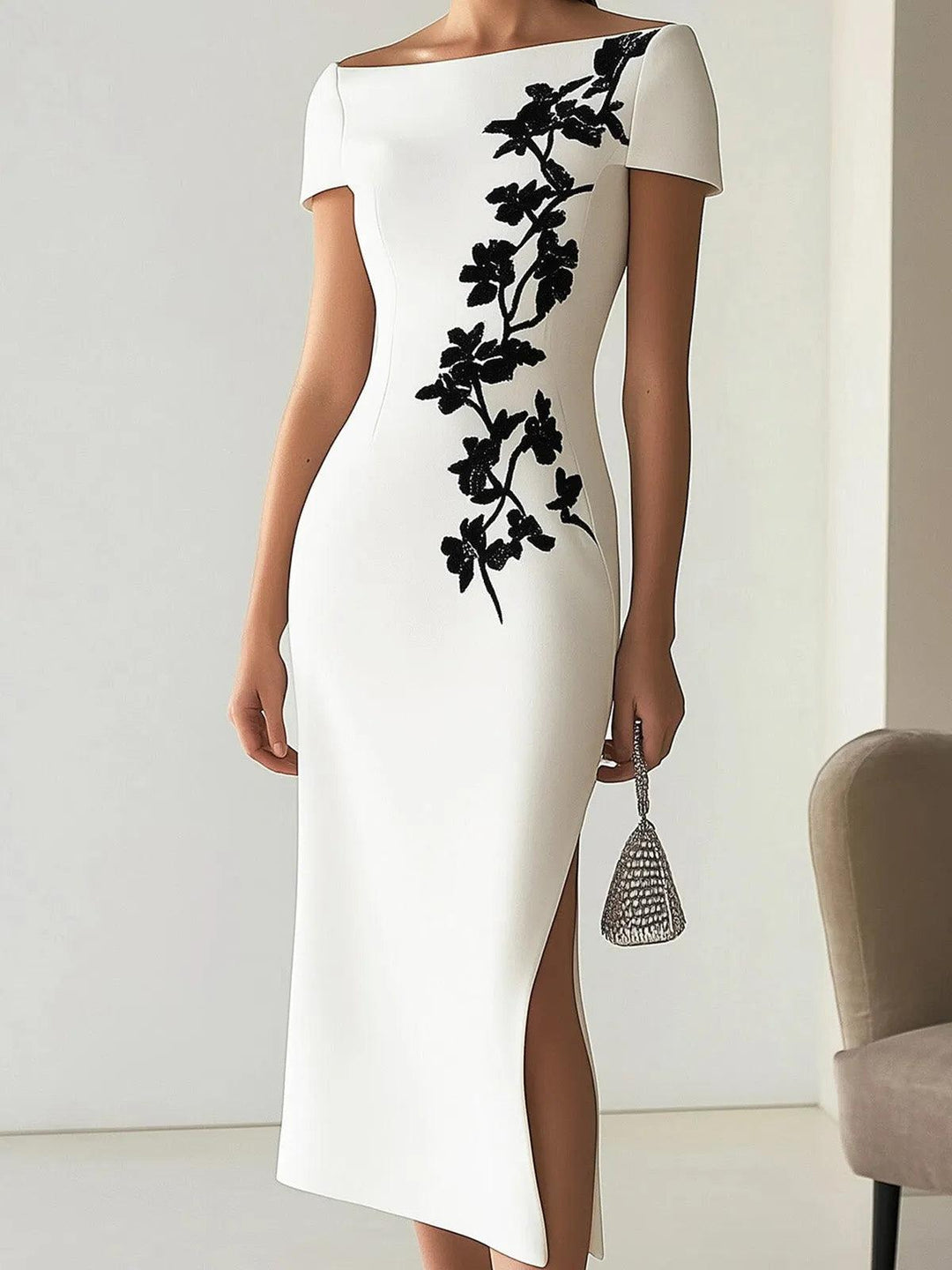 Audrey | Robe Midi à Imprimé Floral avec Décolleté Bateau