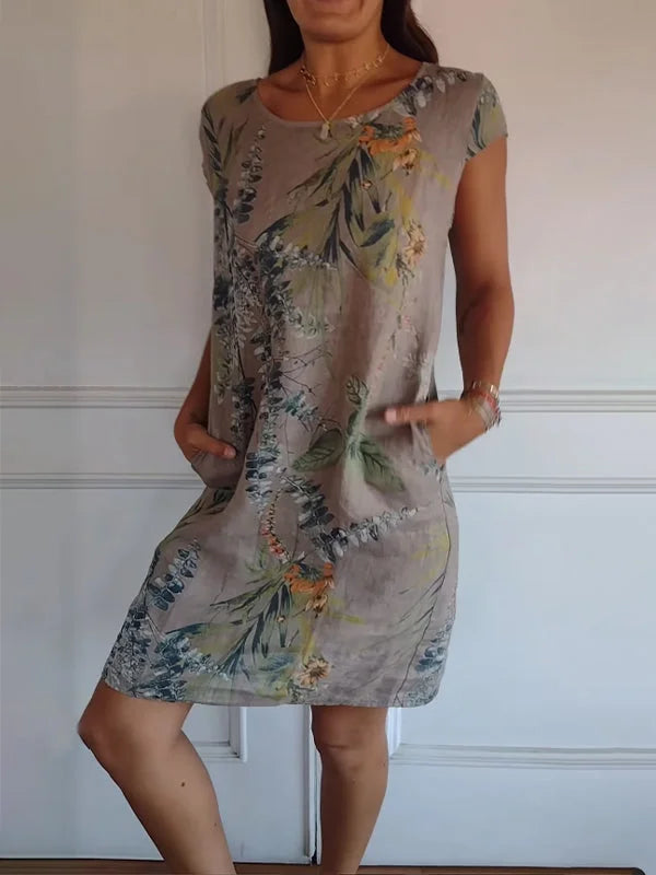 Robe d'été imprimée en coton et lin pour femmes avec poches