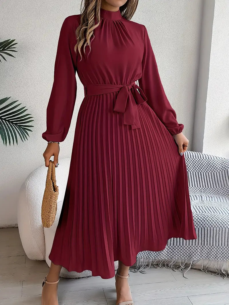 Robe Midi Plissée à Manches Longues pour Femmes avec Ceinture
