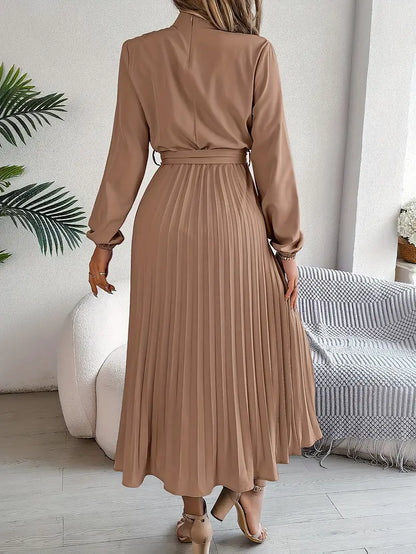 Robe Midi Plissée à Manches Longues pour Femmes avec Ceinture