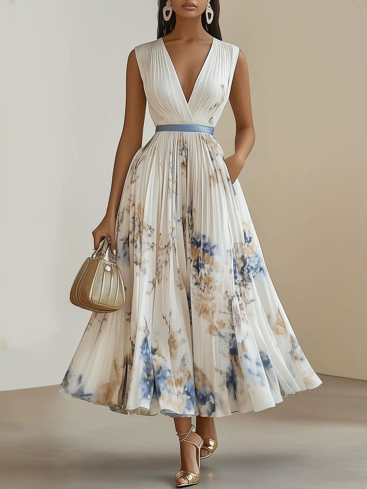 Chloé | Robe Midi Plissée en Chiffon Floral Blanc à Décolleté en V