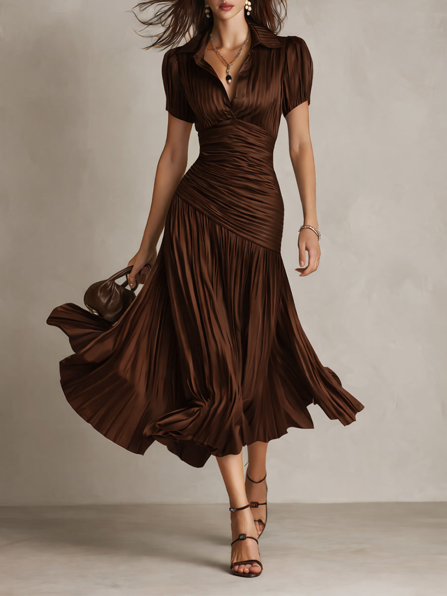 Adriana - Robe Midi en Satin à Rayures Rétro