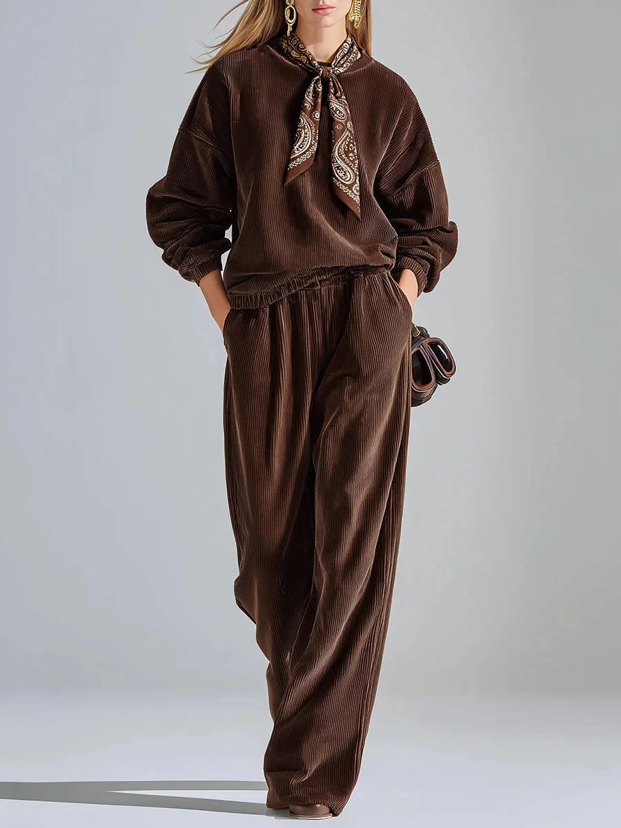 Ensemble Décontracté en Velours Côtelé de Couleur Unie avec Sweat-Shirt et Pantalons à Jambes Larges