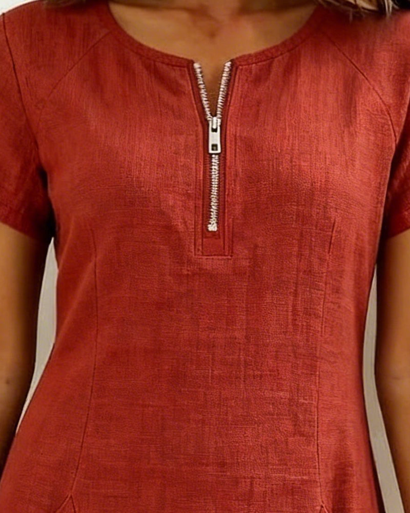 Robe Courte en Lin et Coton avec Fermeture Éclair - Coupe A-Line Élégante