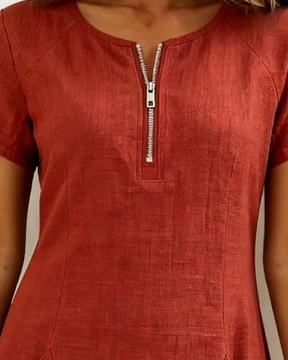 Robe Courte en Lin et Coton avec Fermeture Éclair - Coupe A-Line Élégante