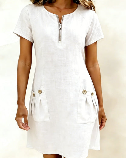 Robe Courte en Lin et Coton avec Fermeture Éclair - Coupe A-Line Élégante