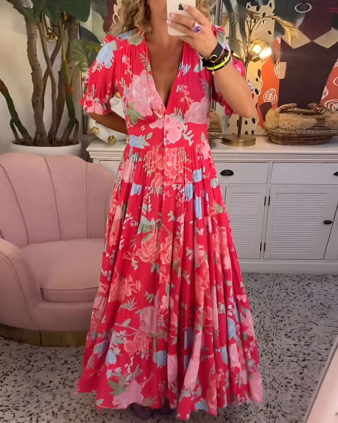 CARINE | ROBE AVEC POCHES ET ENCOLURE EN V EN IMPRIMÉ FLORAL