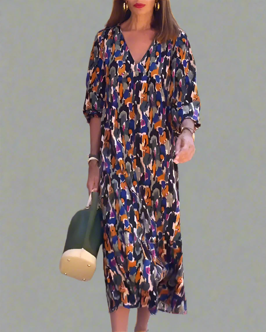 Walburga | Robe Maxi Rétro avec Décolleté en V et Confort Élégant