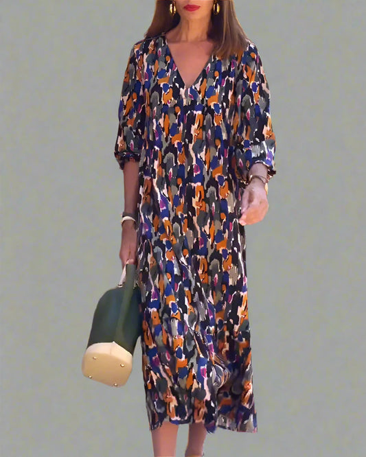 Walburga | Robe Maxi Rétro avec Décolleté en V et Confort Élégant