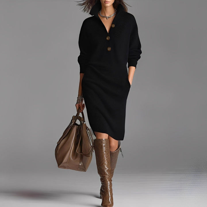 Camryn - Robe en tricot à la mode avec boutons et col pour femme