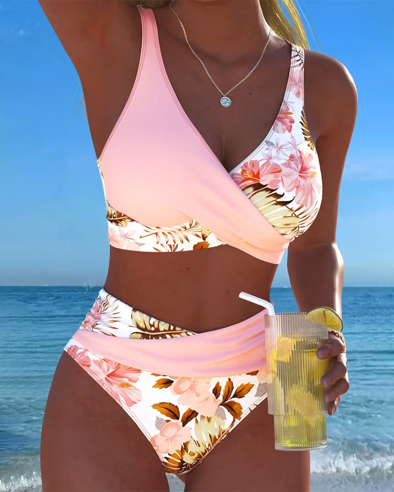 Bikini avec Imprimé Floral Contrasté et Fente