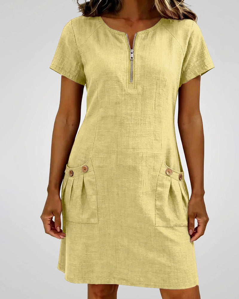 Robe Courte en Lin et Coton avec Fermeture Éclair - Coupe A-Line Élégante