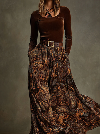 Ensemble top en velours stretch vintage et jupe maxi paisley avec ceinture