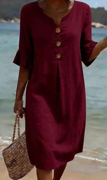 Vanesa | Robe en lin avec texture, manches bouffantes et boutons