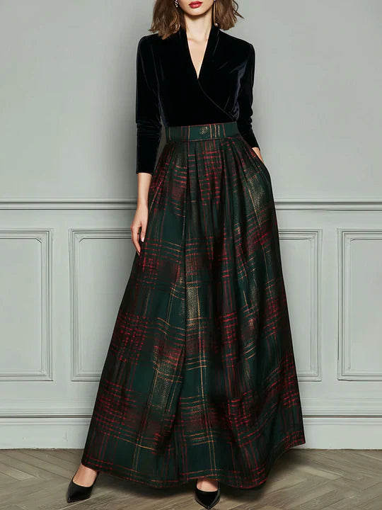 Robe Maxi Patchwork en Velours et Tartan Vert