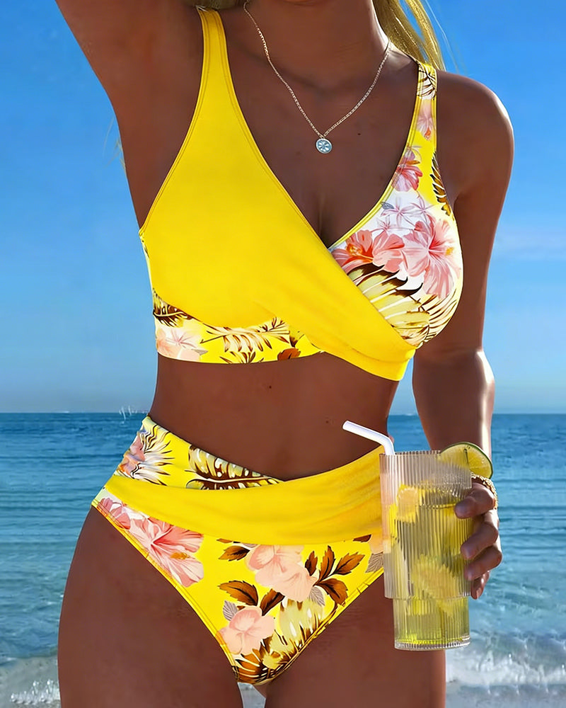 Bikini avec Imprimé Floral Contrasté et Fente