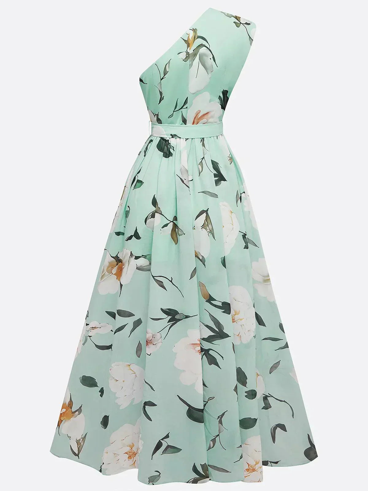 Julie | Robe Maxi en Chiffon Floral Vert Clair à Épaule Dénudée