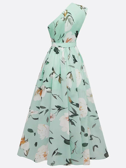 Julie | Robe Maxi en Chiffon Floral Vert Clair à Épaule Dénudée