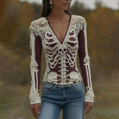 T-shirt décontracté à manches longues pour femmes avec art de squelette, roses et crâne, col en V pour Halloween