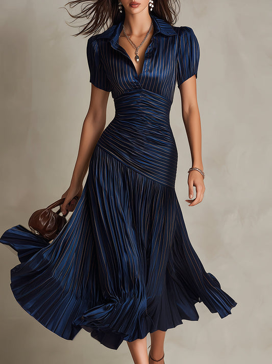 Adriana - Robe Midi en Satin à Rayures Rétro
