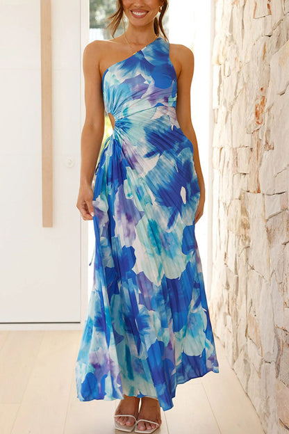Deja - Robe Maxi Plissée à Épaule Unique avec Motif Floral