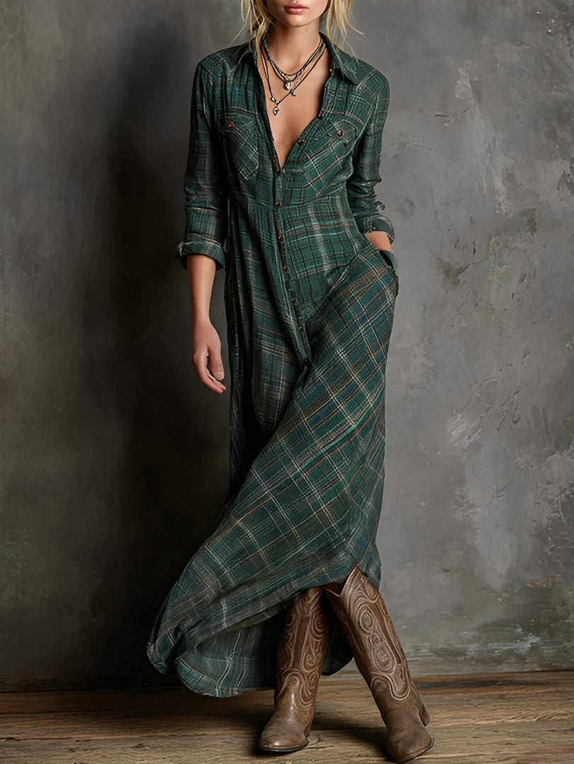 Émilien - Robe longue à col à carreaux pour femmes