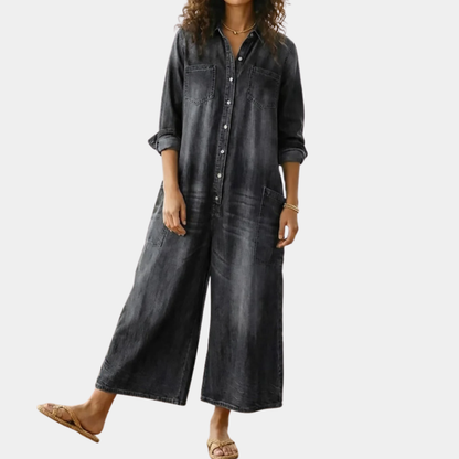 Saylor - Salopette en Denim de Coton Lavé Vintage avec Fermeture Boutonnée