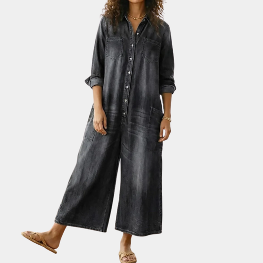 Saylor - Salopette en Denim de Coton Lavé Vintage avec Fermeture Boutonnée
