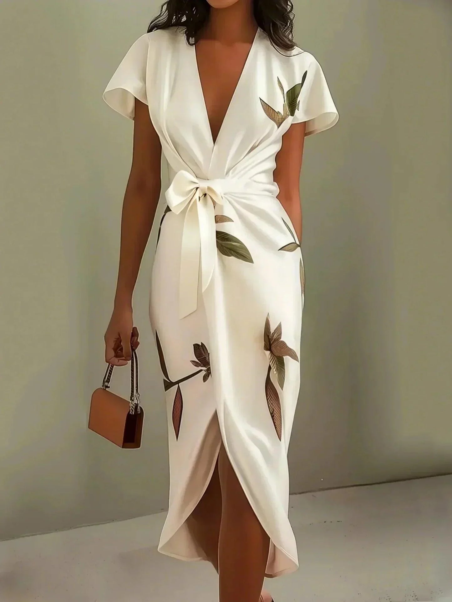 Judy | Robe Midi en Satin à Manches Courtes avec Feuille Blanche