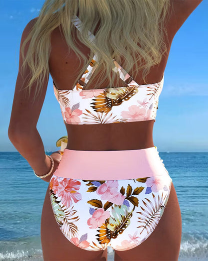 Bikini avec Imprimé Floral Contrasté et Fente