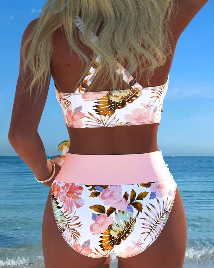 Bikini avec Imprimé Floral Contrasté et Fente