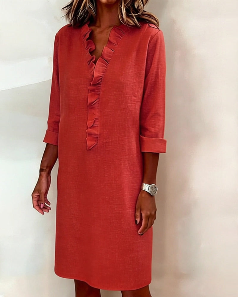 Robe Unie à Volants avec Col en V