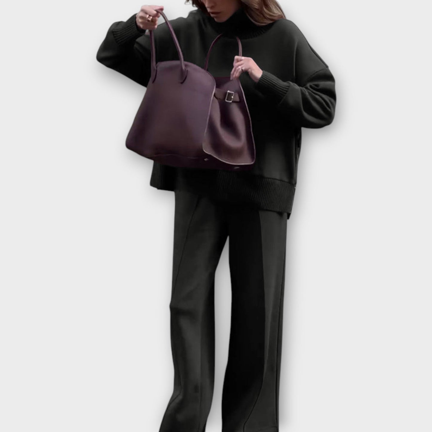 Ensemble Tricot Détente avec Pull Col Montant et Pantalons à Jambes Larges