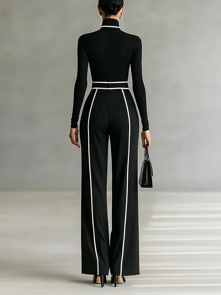 Ensemble Haut à Col Montant à Manches Longues avec Bord Blanc, Pantalons à Jambes Amples et Ceinture