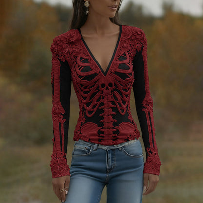 T-shirt décontracté à manches longues pour femmes avec art de squelette, roses et crâne, col en V pour Halloween