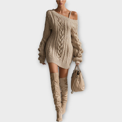 Robe Pull en Maille Tressée avec Épaules Dégagées