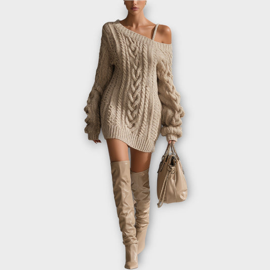 Robe Pull en Maille Tressée avec Épaules Dégagées