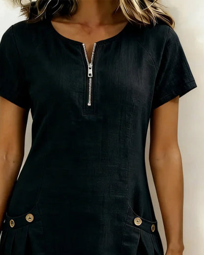 Robe Courte en Lin et Coton avec Fermeture Éclair - Coupe A-Line Élégante